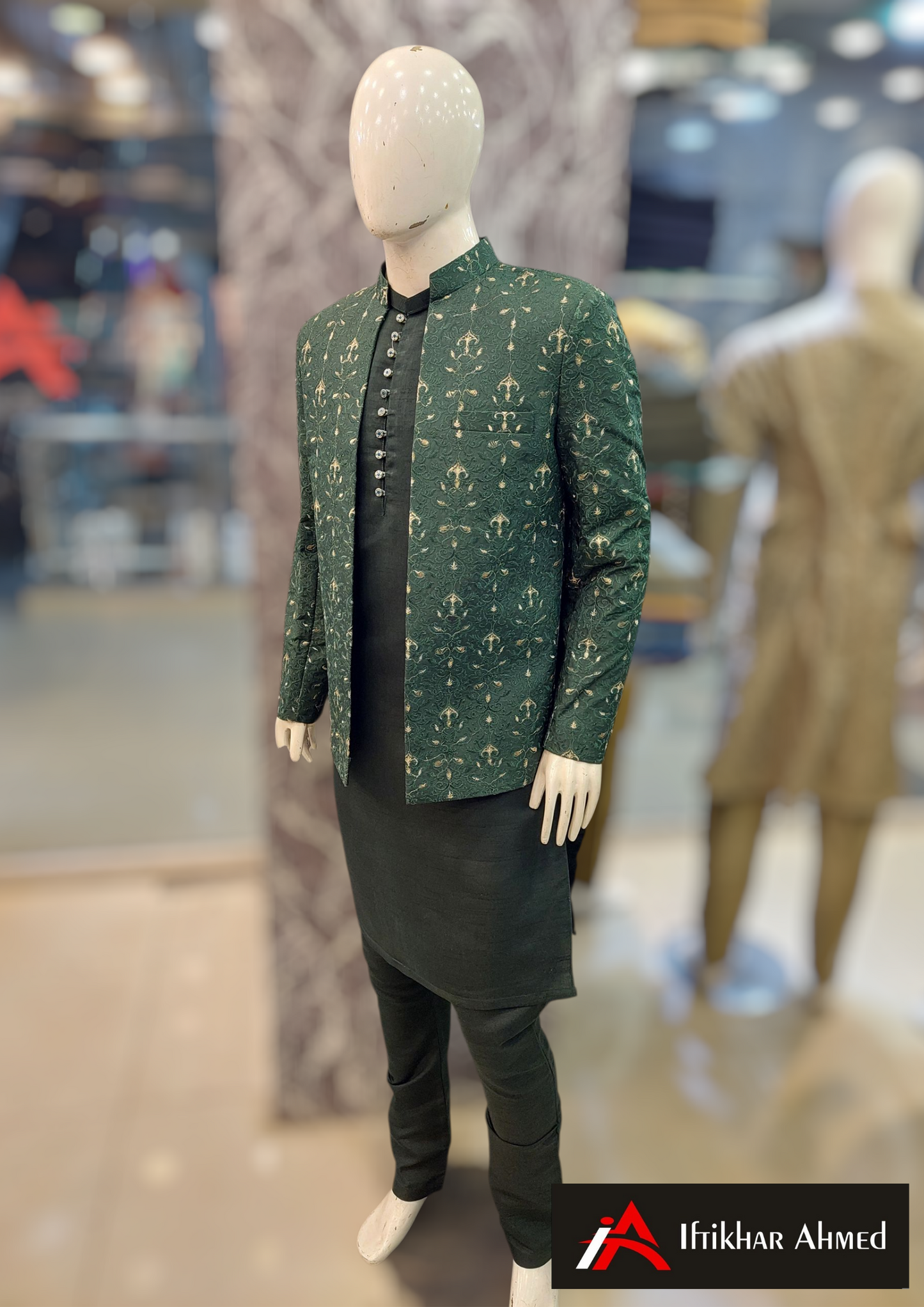 Green With Green Golden Embroidery -  Open Style Prince Coat - Masoori Fabric