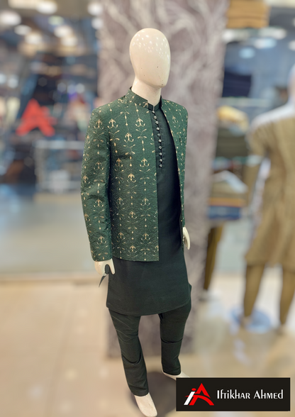 Green With Green Golden Embroidery -  Open Style Prince Coat - Masoori Fabric