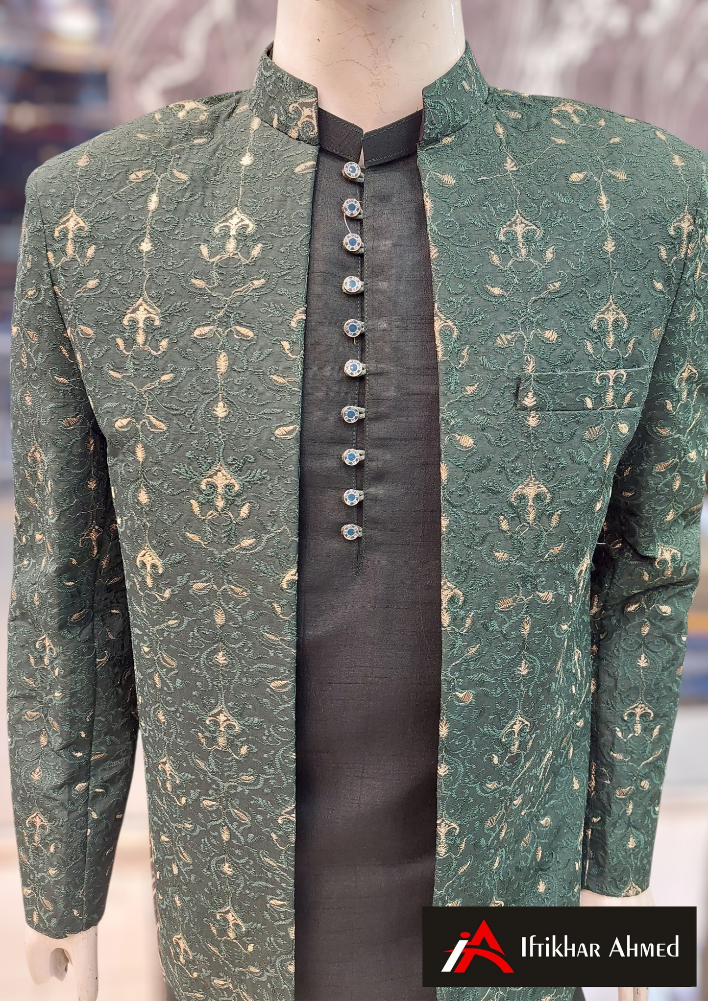 Green With Green Golden Embroidery -  Open Style Prince Coat - Masoori Fabric