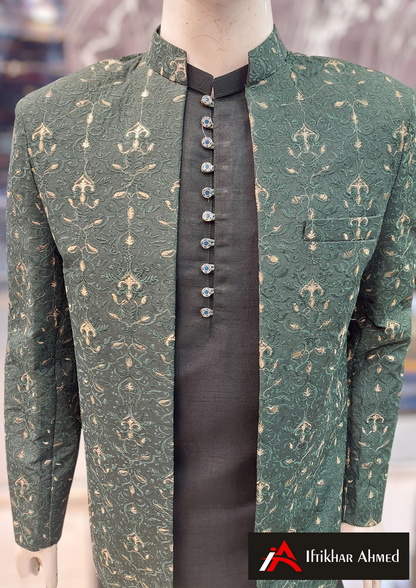 Green With Green Golden Embroidery -  Open Style Prince Coat - Masoori Fabric