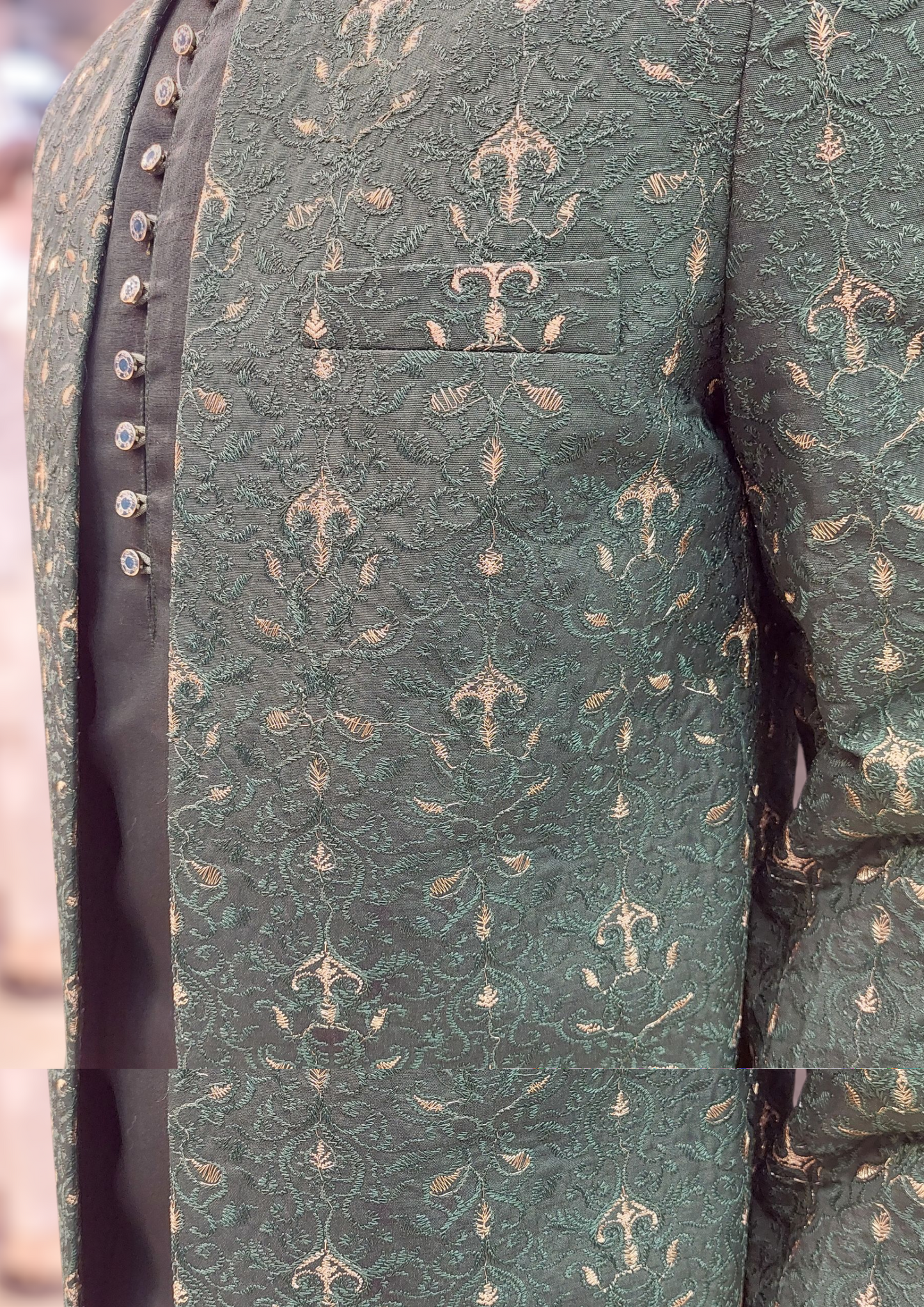Green With Green Golden Embroidery -  Open Style Prince Coat - Masoori Fabric