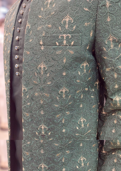 Green With Green Golden Embroidery -  Open Style Prince Coat - Masoori Fabric