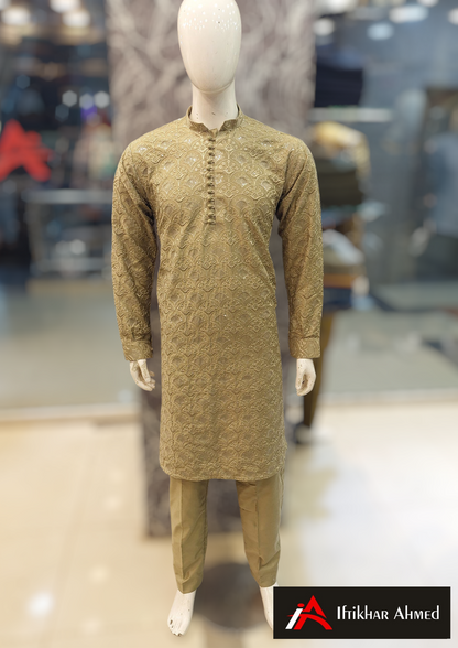 Shampion Green  - Kurta Pajama - Masoori Sequence Work - Cotton Silk Fabric