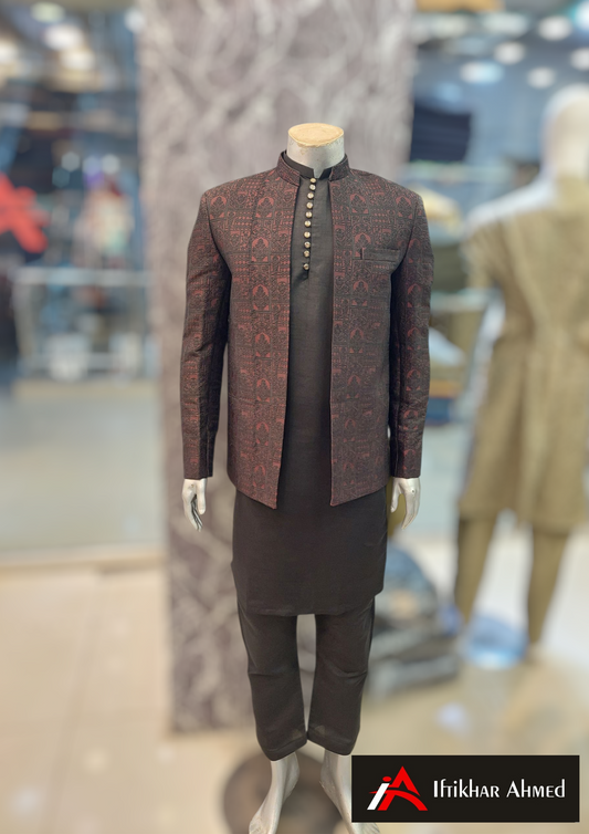 Maroon With Black Embroidery - Open Style Prince Coat - Masoori Fabric