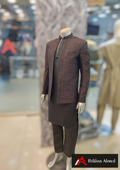 Maroon With Black Embroidery - Open Style Prince Coat - Masoori Fabric