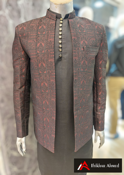 Maroon With Black Embroidery - Open Style Prince Coat - Masoori Fabric