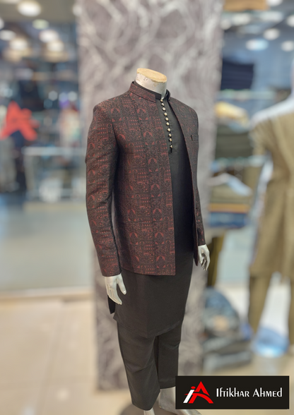 Maroon With Black Embroidery - Open Style Prince Coat - Masoori Fabric