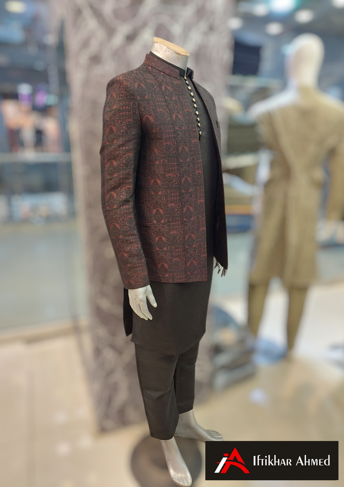 Maroon With Black Embroidery - Open Style Prince Coat - Masoori Fabric