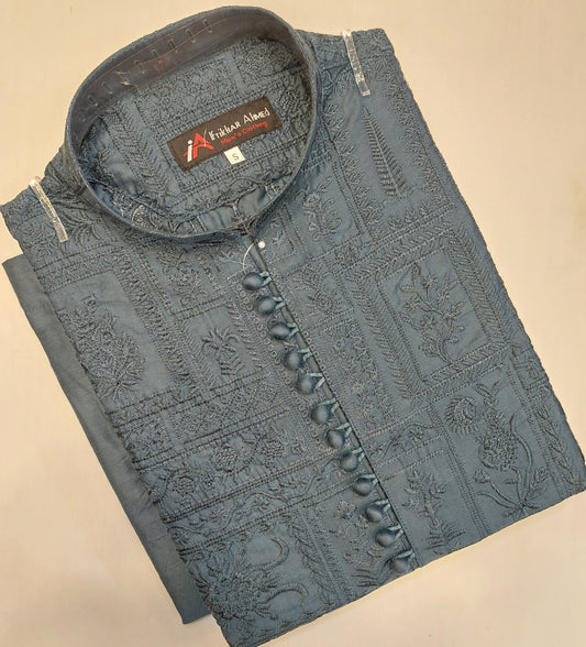 Malaysian Grey - Kurta Pajama - Masoori Work - Cotton Silk Fabric