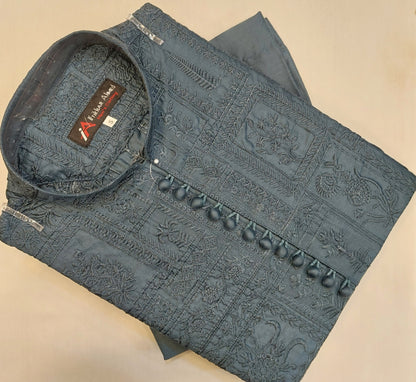 Malaysian Grey - Kurta Pajama - Masoori Work - Cotton Silk Fabric