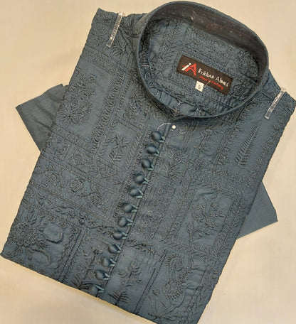 Malaysian Grey - Kurta Pajama - Masoori Work - Cotton Silk Fabric