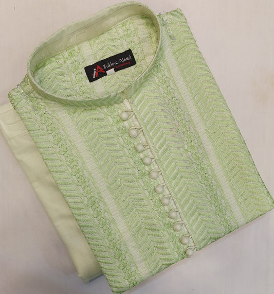 Pistachio Geen - Kurta Pajama - Masoori Work - Cotton Silk Fabric