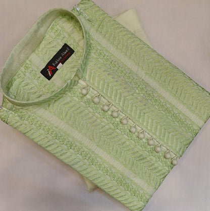 Pistachio Geen - Kurta Pajama - Masoori Work - Cotton Silk Fabric