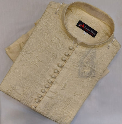 Light Golden - Kurta Pajama - Masoori Work - Cotton Silk Fabric