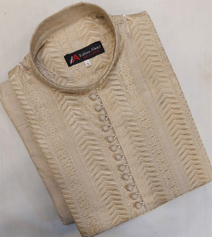 Light Beige - Kurta Pajama - Masoori Work - Cotton Silk Fabric