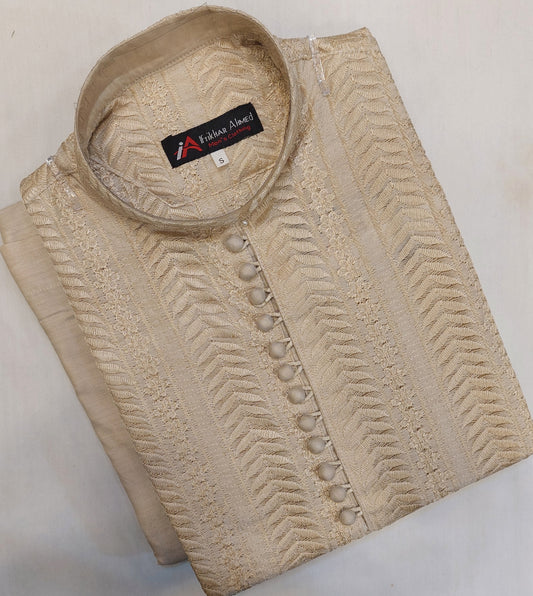 Light Beige - Kurta Pajama - Masoori Work - Cotton Silk Fabric