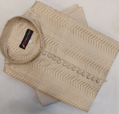 Light Beige - Kurta Pajama - Masoori Work - Cotton Silk Fabric