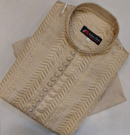 Light Beige - Kurta Pajama - Masoori Work - Cotton Silk Fabric