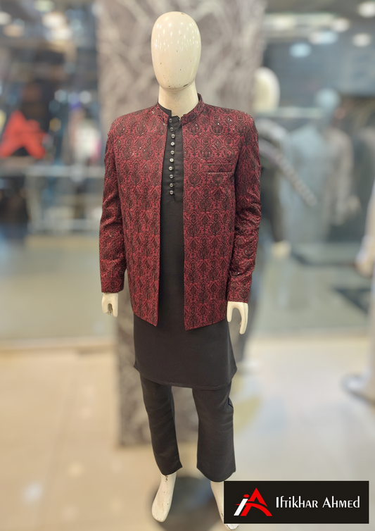 Maroon With Black Embroidery -  Open Style Prince Coat - Masoori Fabric