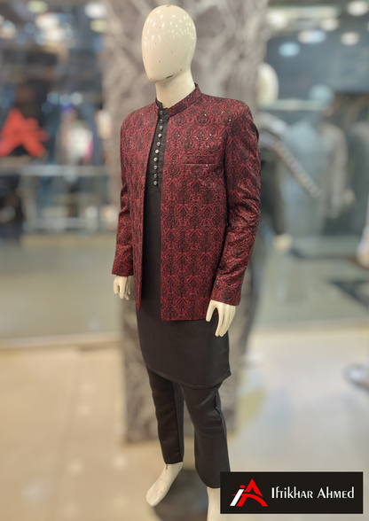 Maroon With Black Embroidery -  Open Style Prince Coat - Masoori Fabric