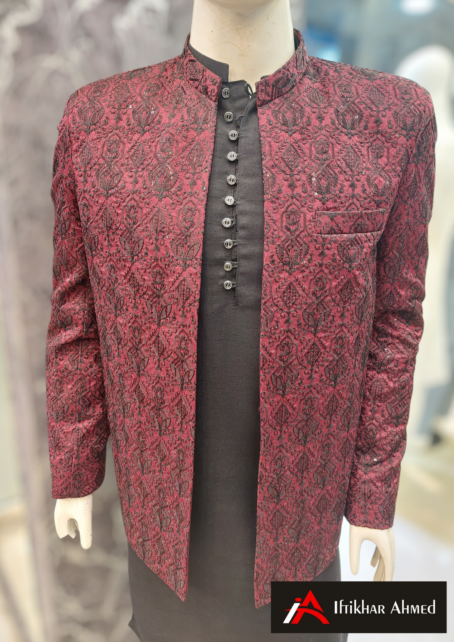 Maroon With Black Embroidery -  Open Style Prince Coat - Masoori Fabric