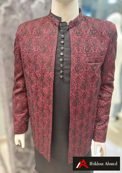 Maroon With Black Embroidery -  Open Style Prince Coat - Masoori Fabric
