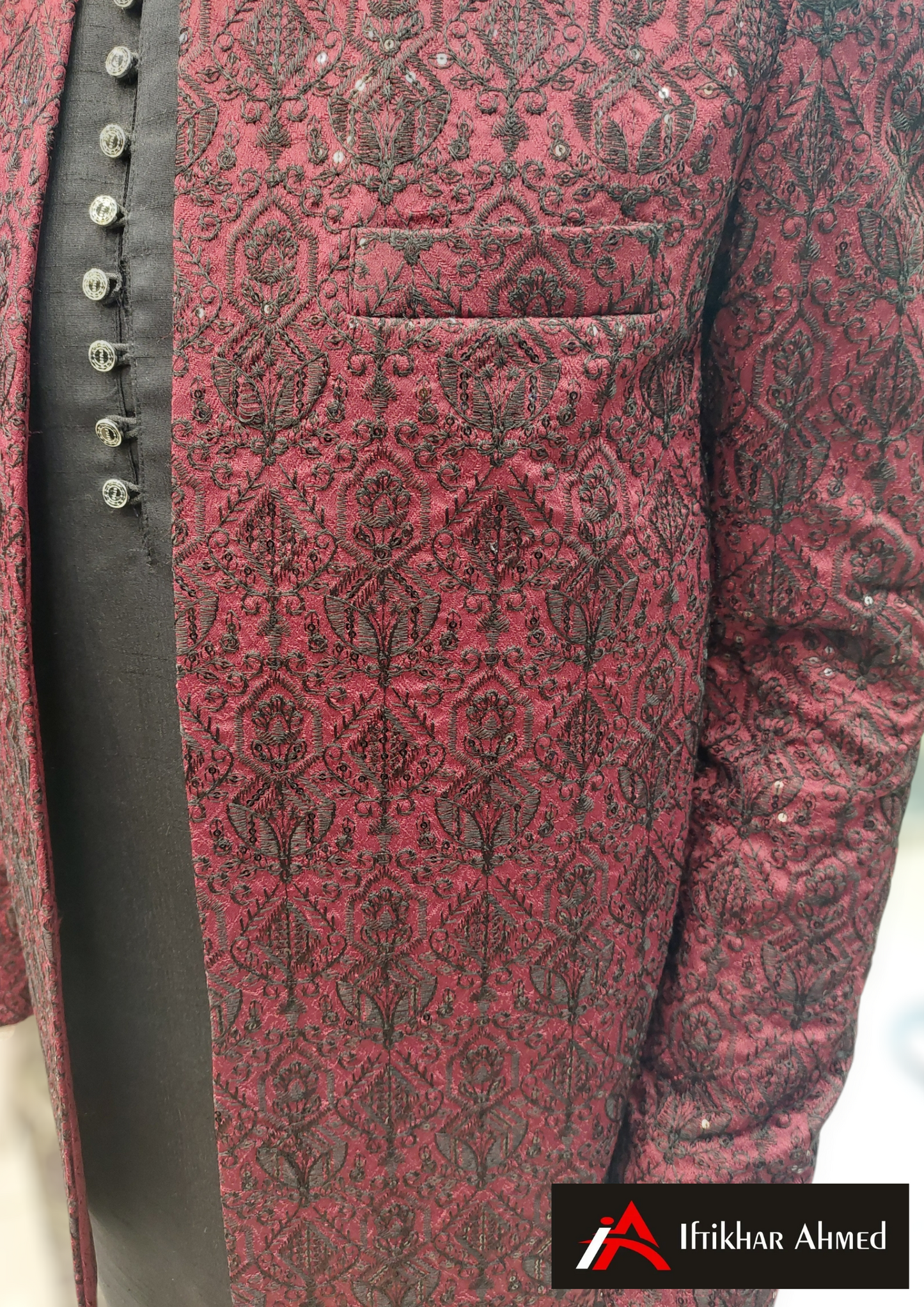 Maroon With Black Embroidery -  Open Style Prince Coat - Masoori Fabric