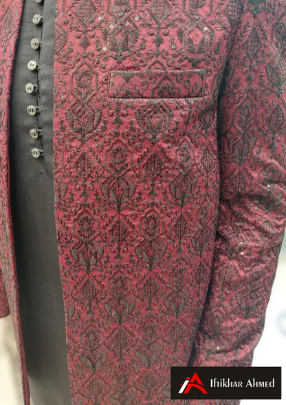 Maroon With Black Embroidery -  Open Style Prince Coat - Masoori Fabric
