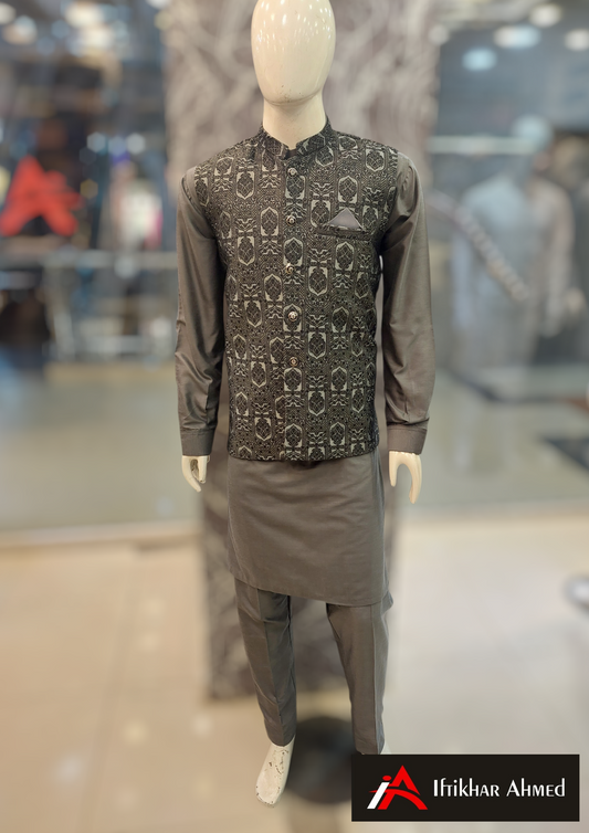 Grey with Black Embroidery - Waist Coat – MDC Fabric