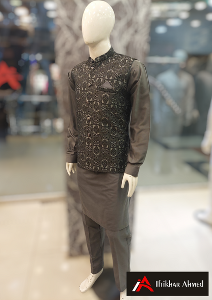 Grey with Black Embroidery - Waist Coat – MDC Fabric