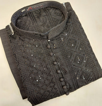 Black - Kurta Pajama - Masoori Sequence Work - Raw Silk Fabric