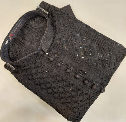 Black - Kurta Pajama - Masoori Sequence Work - Raw Silk Fabric
