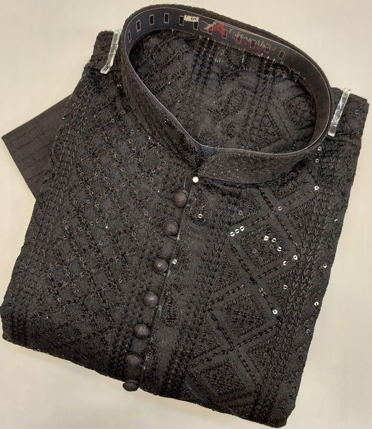 Black - Kurta Pajama - Masoori Sequence Work - Raw Silk Fabric