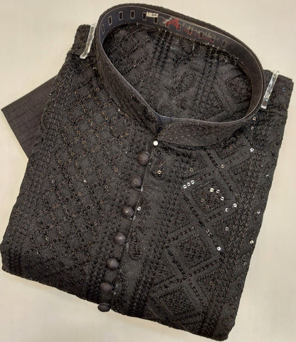 Black - Kurta Pajama - Masoori Sequence Work - Raw Silk Fabric