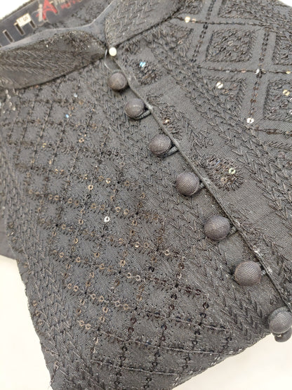 Black - Kurta Pajama - Masoori Sequence Work - Raw Silk Fabric