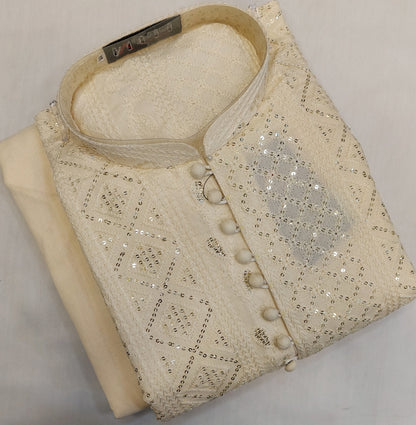 Dark Cream - Kurta Pajama - Masoori Sequence Work - Raw Silk Fabric