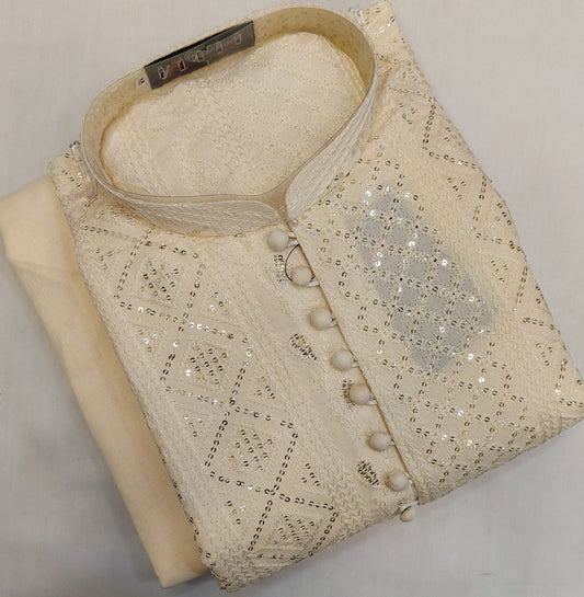 Dark Cream - Kurta Pajama - Masoori Sequence Work - Raw Silk Fabric