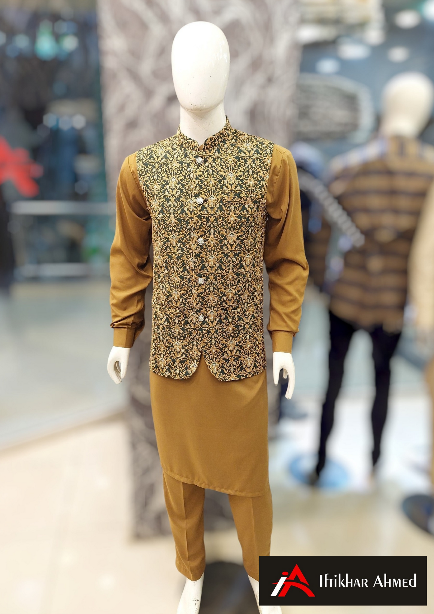 Bottle Green with Mustard Embroidery - Waist Coat – Masoori Fabric