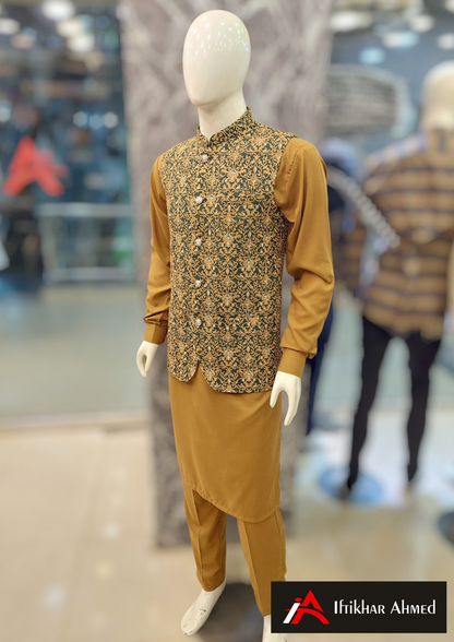 Bottle Green with Mustard Embroidery - Waist Coat – Masoori Fabric