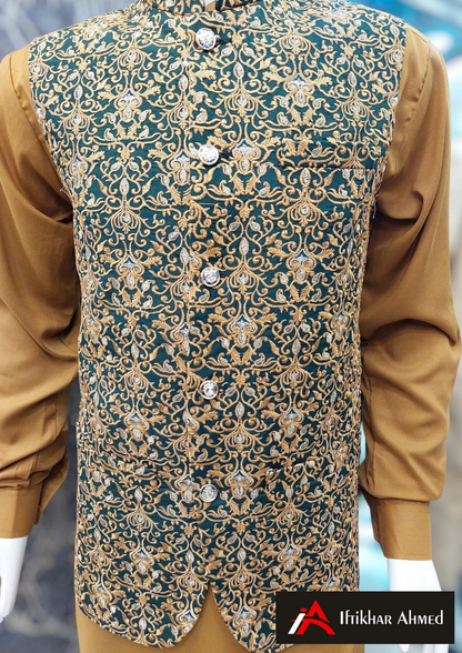 Bottle Green with Mustard Embroidery - Waist Coat – Masoori Fabric