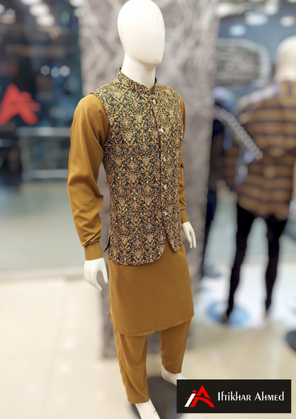 Bottle Green with Mustard Embroidery - Waist Coat – Masoori Fabric