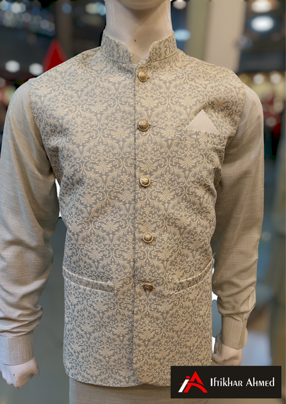 Light Grey with White Embroidery - Waist coat fabric Masoori