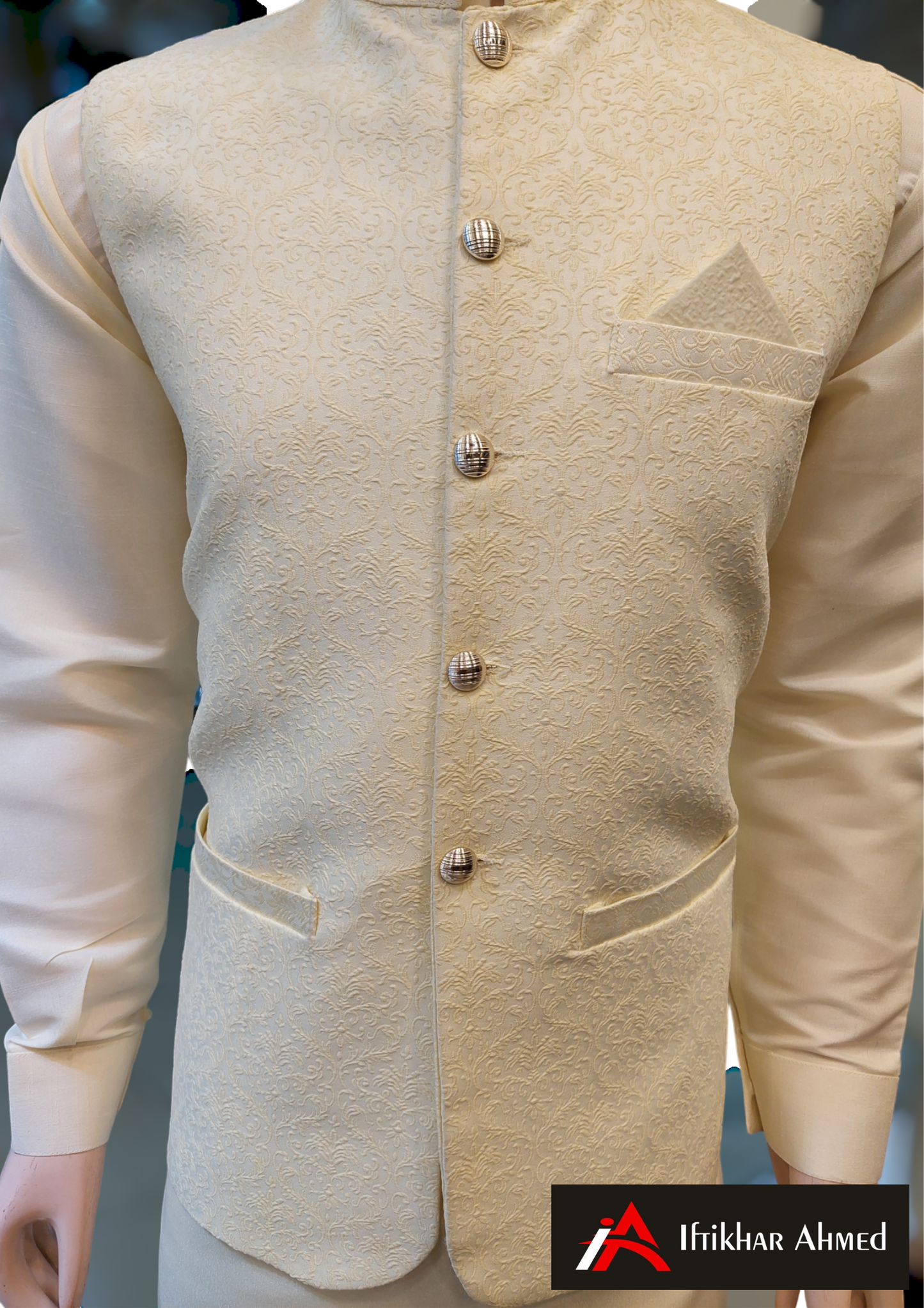 Light Cream with Cream Embroidery - Waist coat Fabric Masoori