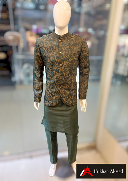 Dark Green With Brown Emboss Prince Coat - MDC Fabric