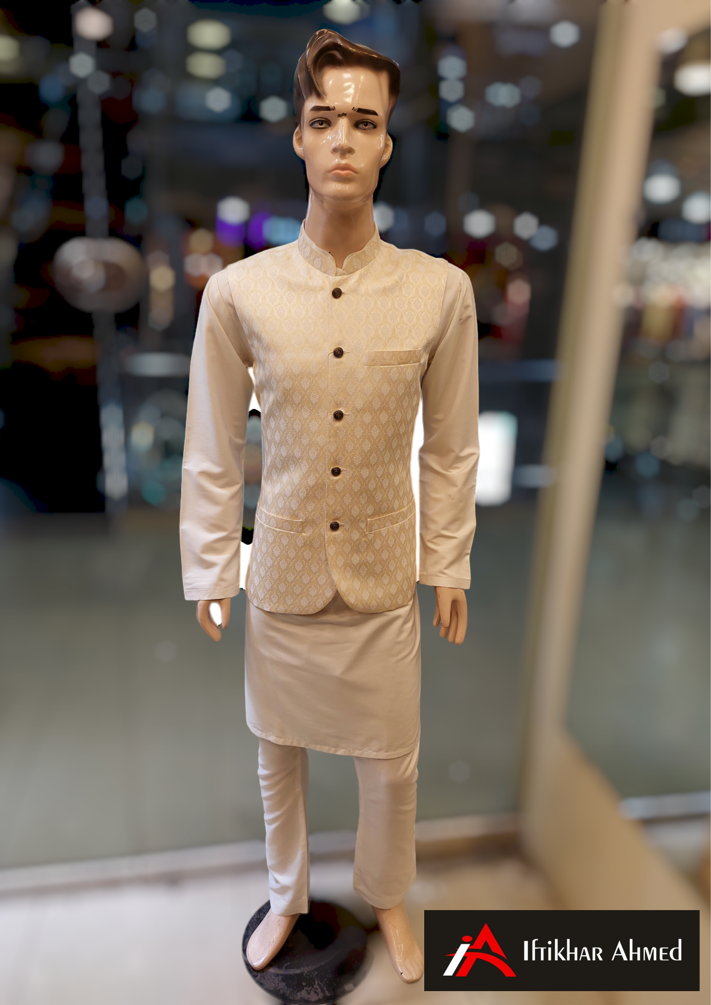 White With Golden Emboss - Waist Coat - Fabric Jamawar