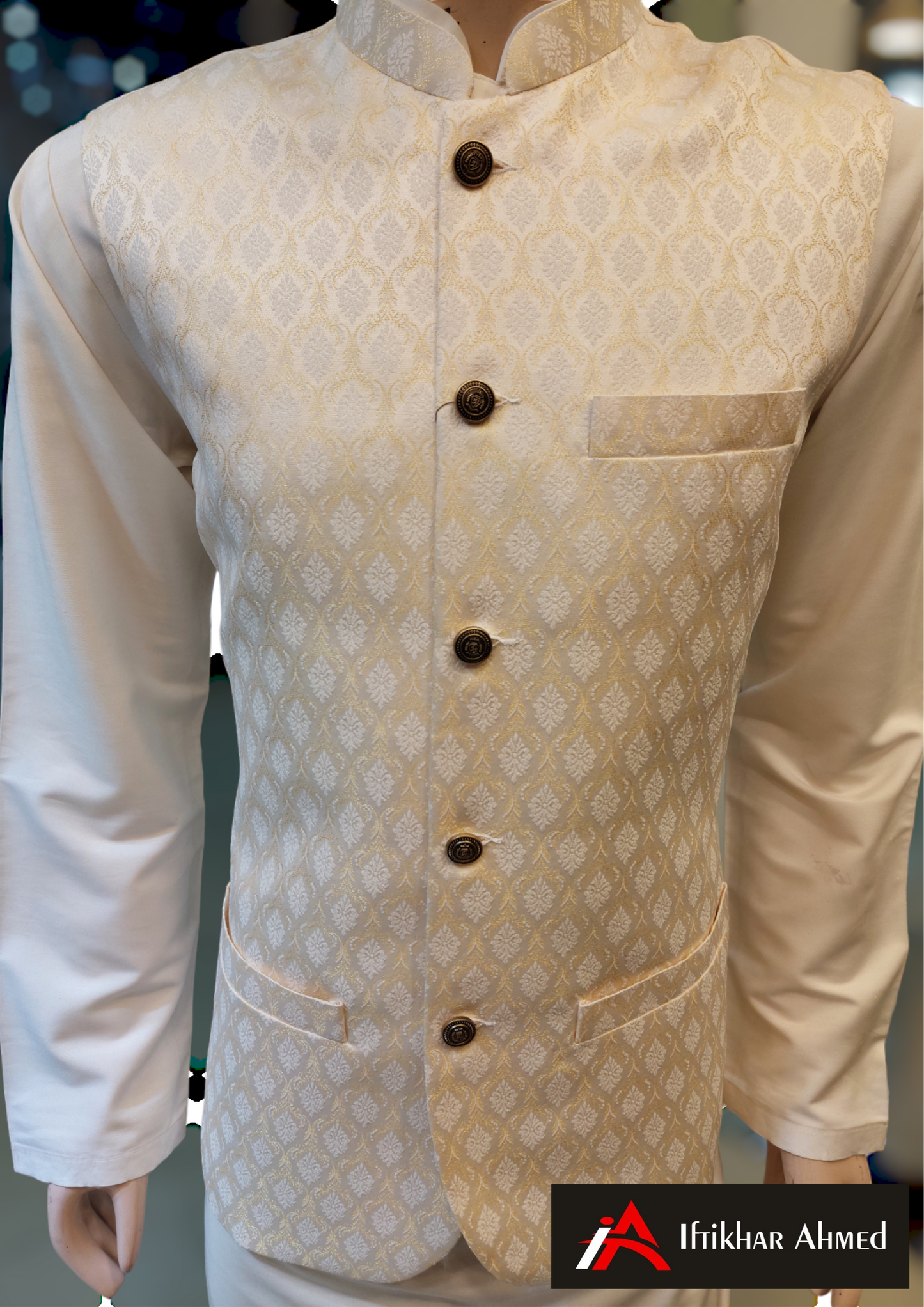 White With Golden Emboss - Waist Coat - Fabric Jamawar