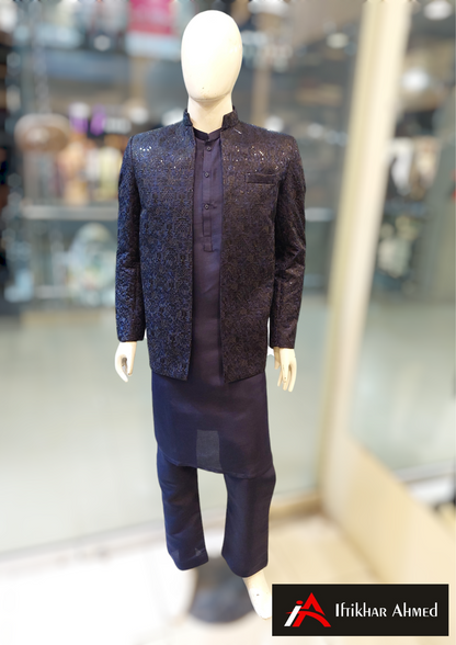 Navy Blue With Navy Blue Embroidery Open Style Prince Coat - Masoori Fabric