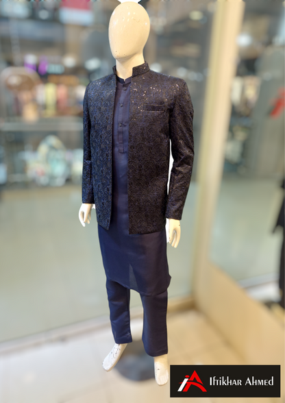 Navy Blue With Navy Blue Embroidery Open Style Prince Coat - Masoori Fabric