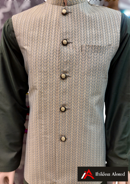 Light Grey with Golden Sequence Embroidery - Waist Coat Fabric Masoori