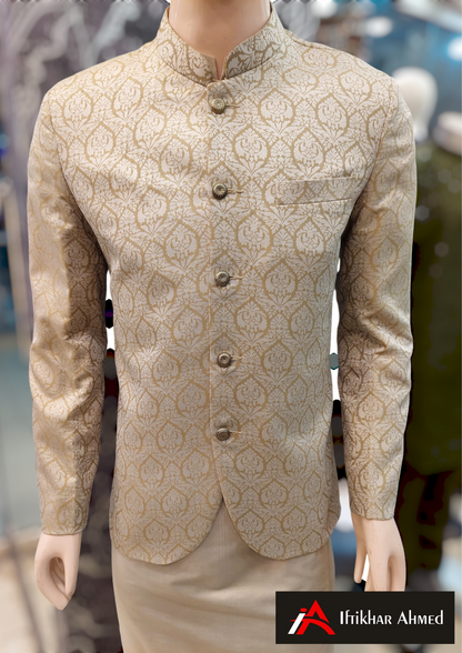 Light Fawn With Light Cream Emboss - Prince Coat - Fabric - Jamawar